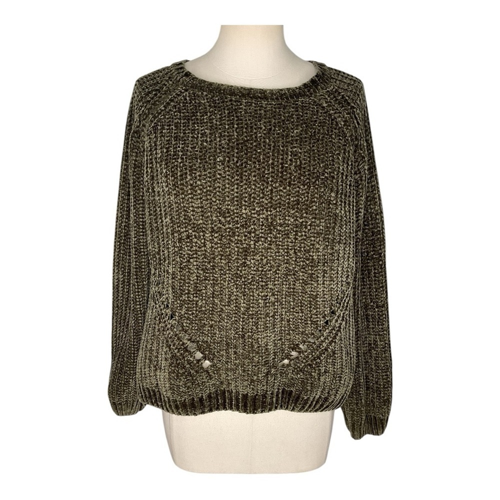 Poof New York Chenille Knit Sweater Olive Green Crewneck Size L